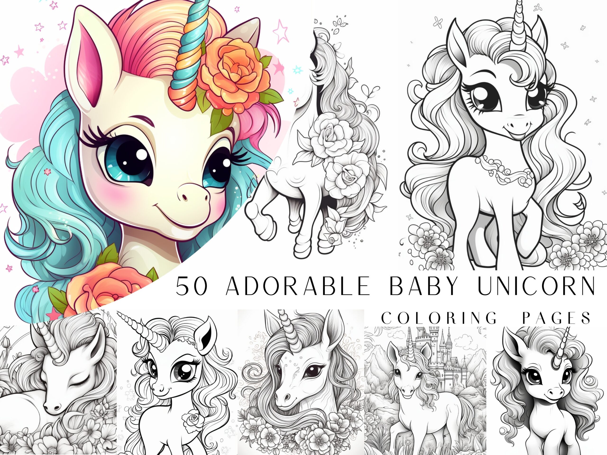 50 Adorable Baby Unicorn Coloring Pages Adult And Kids Coloring Book Fantasy Coloring Sheets Instant Download Printable PDF File Etsy