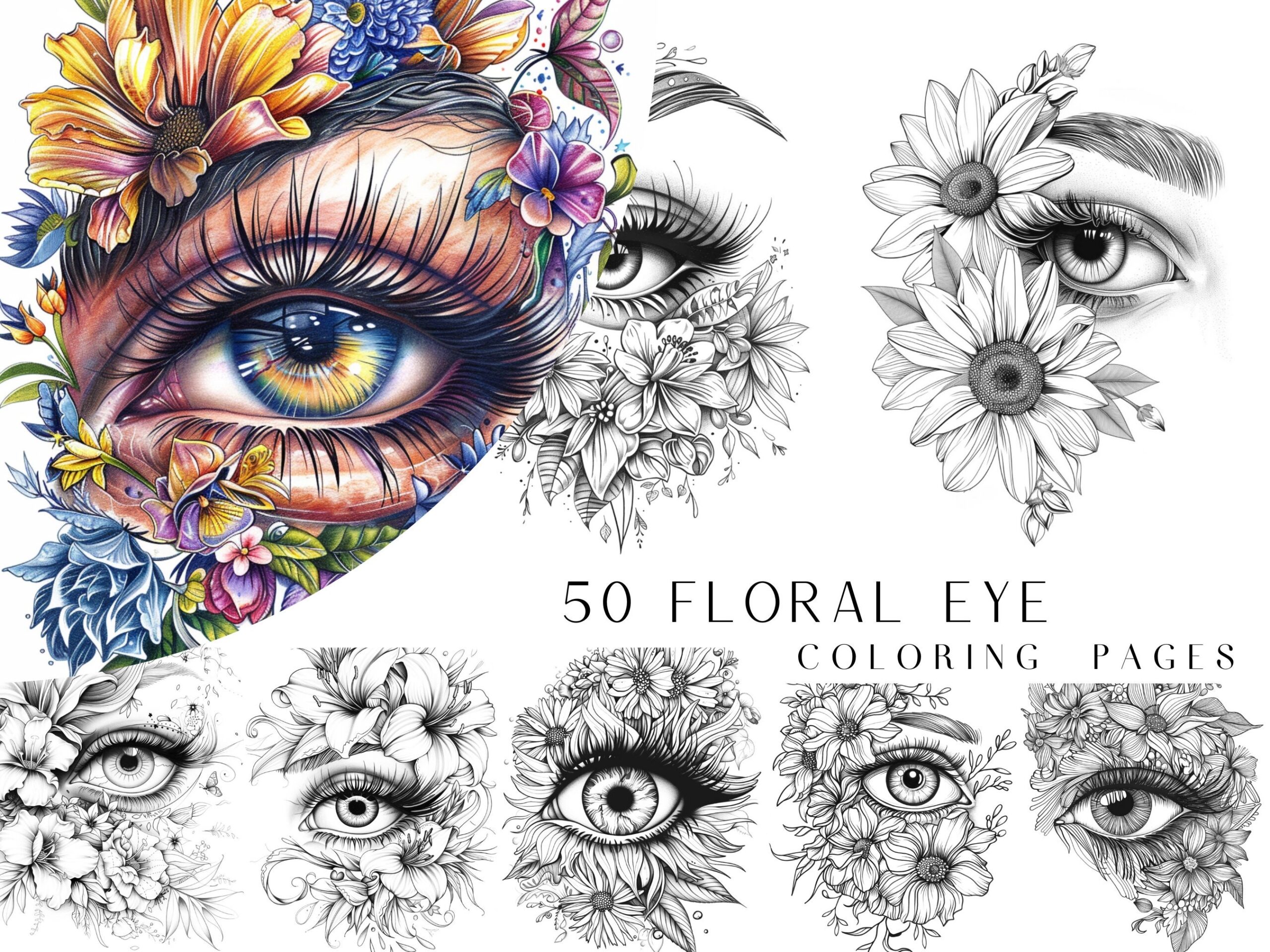 50 Floral Eye Coloring Pages Adults And Kids Coloring Book Greyscale Digital Coloring Sheets Instant Download Printable PDF File Etsy