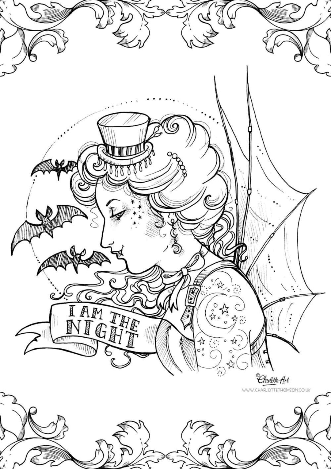 Adult Colouring Page Steampunk Gothic Victorian Vampire Halloween Art Nouveau Pin Up Lady instant Download PDF And JPEG File For Coloring Etsy
