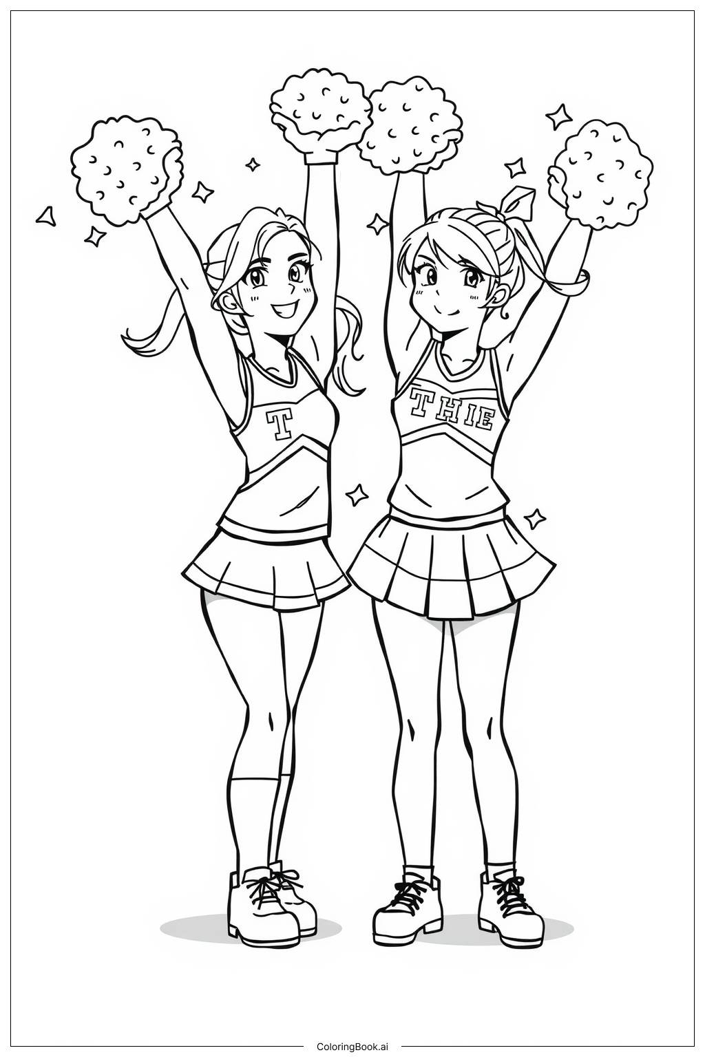 All Star Cheer Team Celebrating Coloring Page Free PDF PNG Printable 