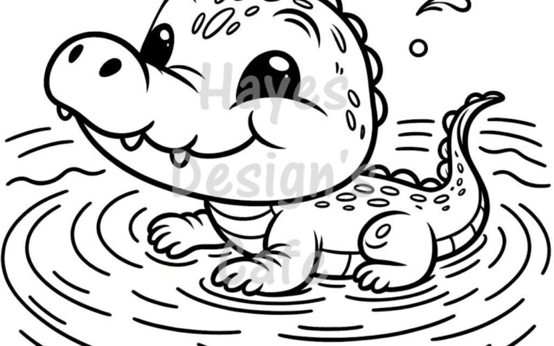 Baby Alligator Coloring Page Crayons Big Eyes Water Gator Reptile Zoo River Animal Wildlife Drawing Line Art Printable Coloring PNG Cricut Etsy