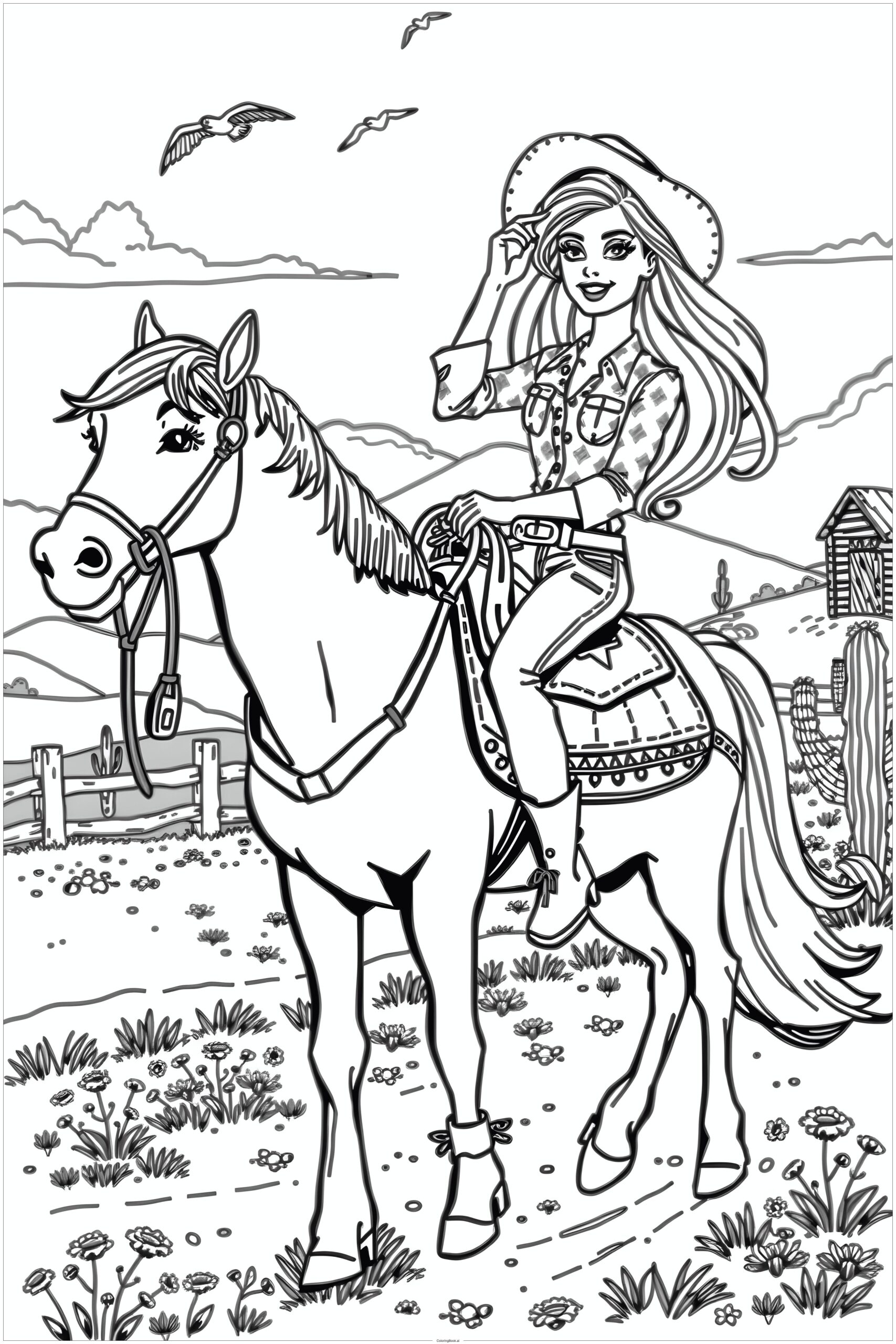 Barbie Cowgirl Riding A Horse Coloring Page Free PDF PNG Printable 