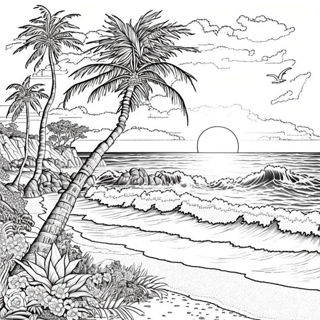 Beach Scene Coloring Pages Bundle 1 PNG Digital Download Pages Beach Sunset Sailboat Black And White Coloring Pages Etsy