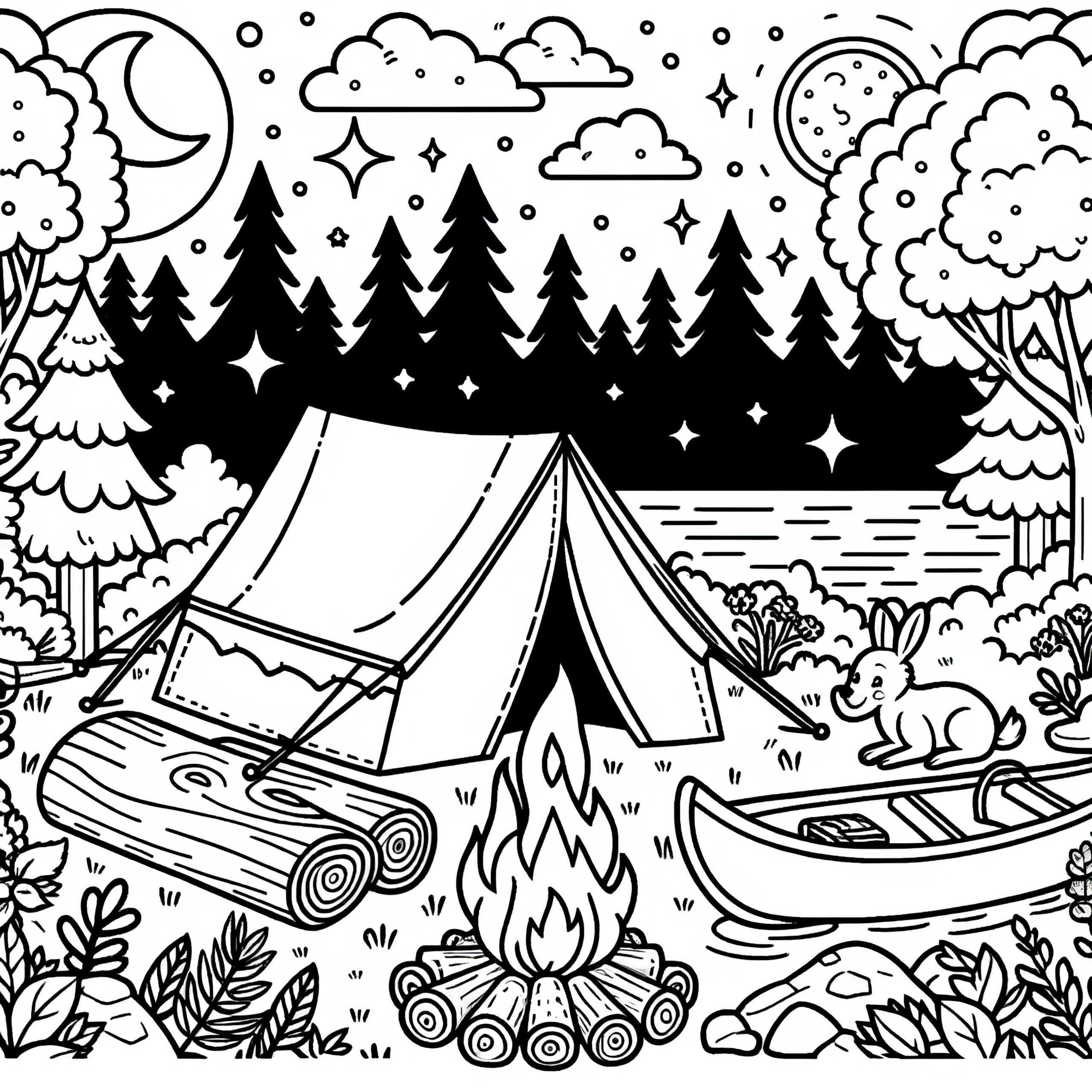 Camping With Tent Campfire And Boat Under The Night Sky Coloring Page For Free