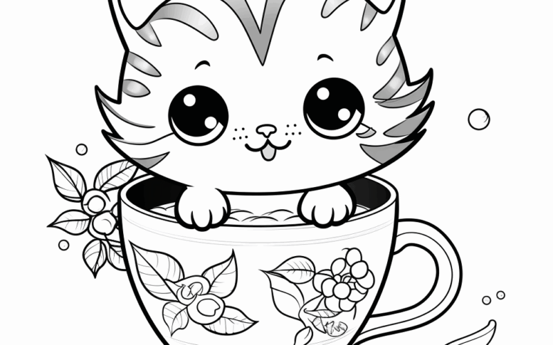 Cat In A Cup Coloring Pages Free Printable