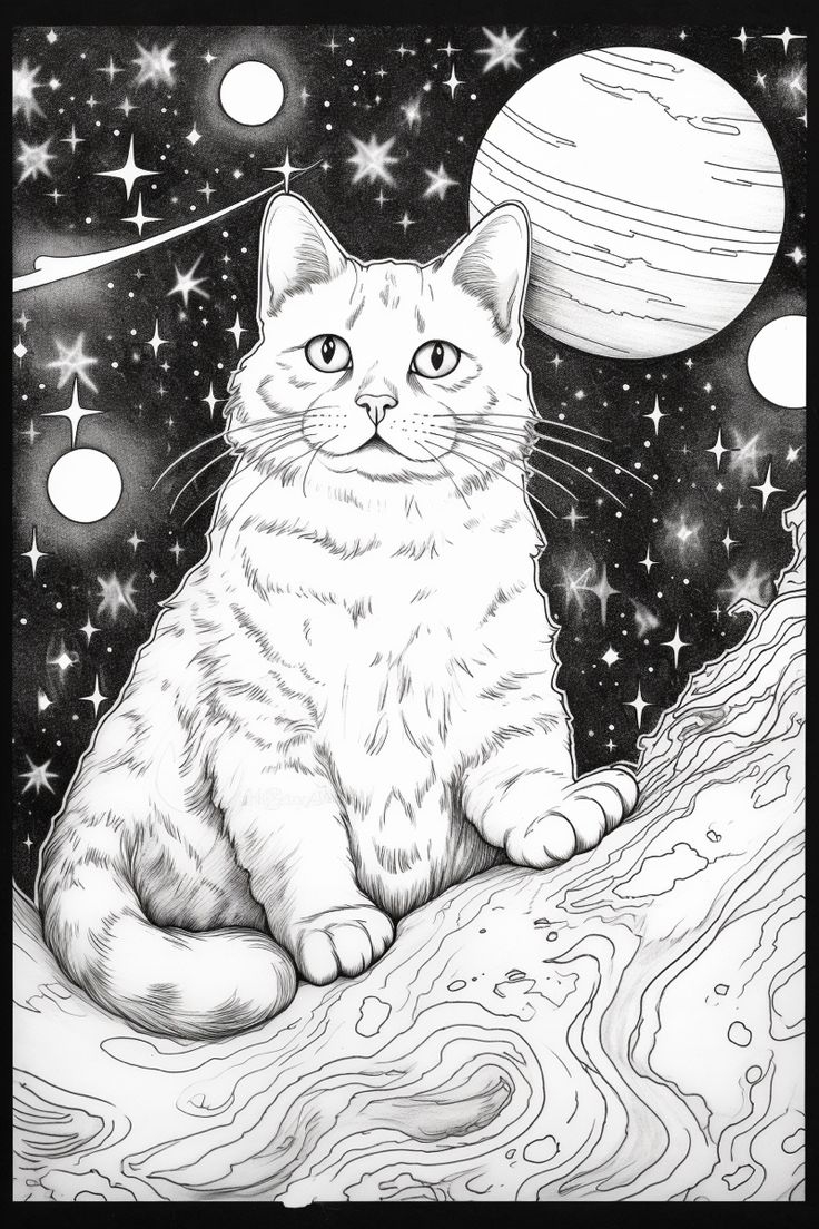 Cat On The Moon Coloring Page