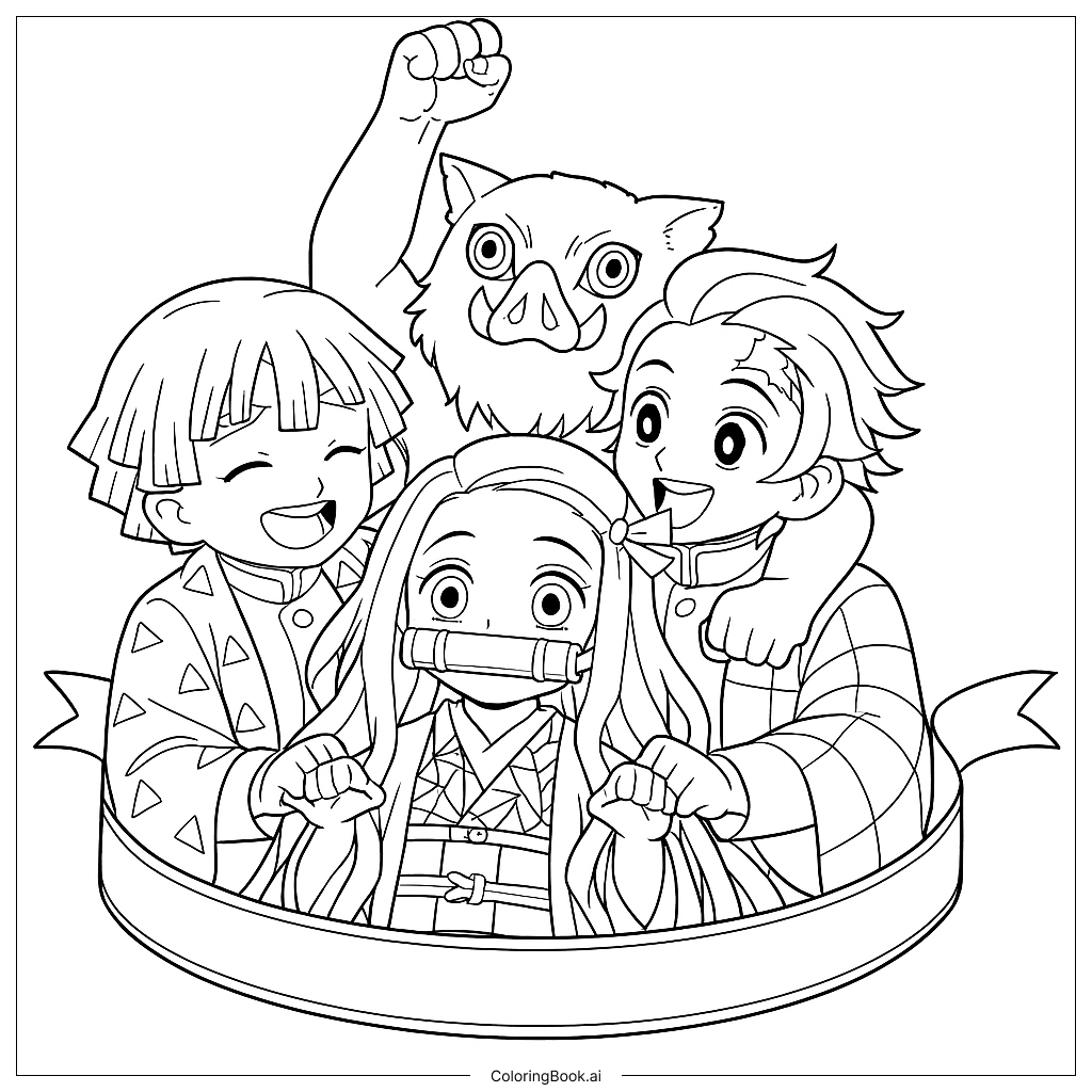 Coloring Page Dynamic Duo Friends And Foes From Demon Slayer Unite In A Joyful Group Moment Coloring Page Dynamic Duo Friends And Foes From Demon Slayer Unite In A Joyful Group Moment