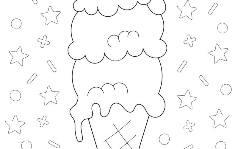 Coloring Page With A Big Ice Cream Cone With 3 Scoops And A Cherry On Top