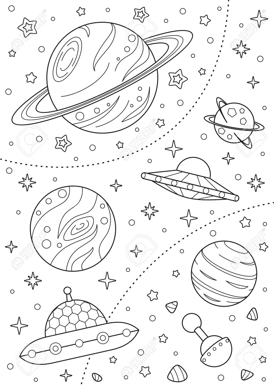 Coloring Page With Different Planets Alien Spaceships And Stars Black And White Outline Illustration On A White Far Space Vector Design Template For Kids Coloring Book Poster Royalty Free SVG Cliparts Vectors Coloring Page With Different Planets Alien Spaceships And Stars Black And White Outline Illustration On A White Far Space Vector Design Template For Kids Coloring Book Poster Royalty Free SVG Cliparts Vectors