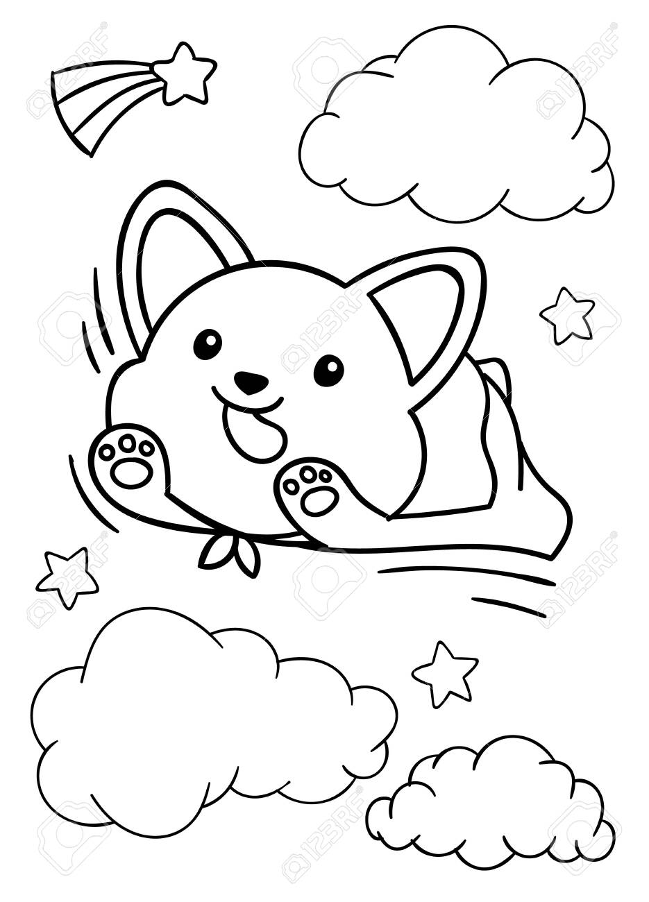 Coloring Pages Black And White Cute Kawaii Hand Drawn Corgi Dog Doodles Print Royalty Free SVG Cliparts Vectors And Stock Illustration Image 143409475 