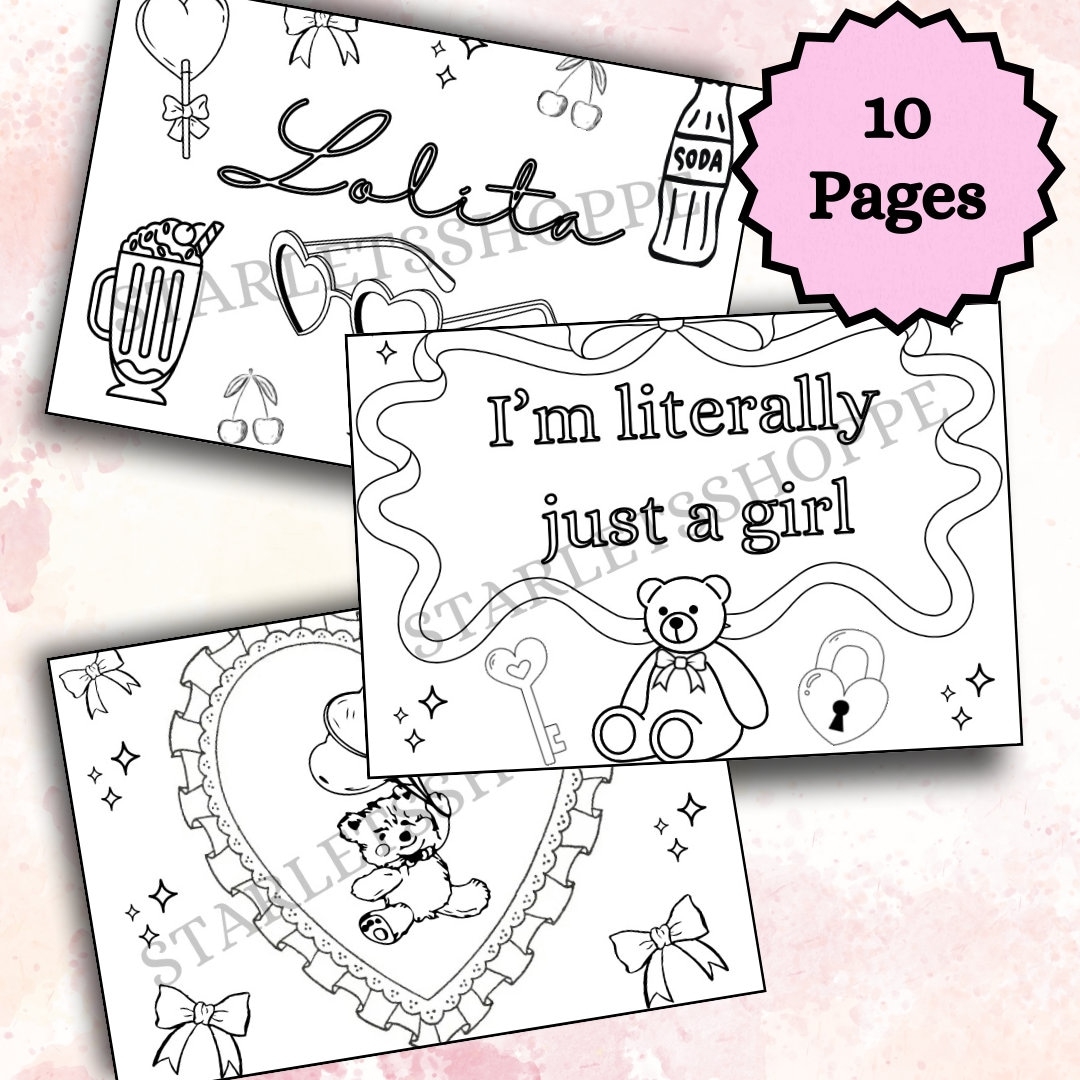 Coquette Coloring Pages For Adults And Teens 10 Pritntable Pdfs Digital Download Kawaii Girly aesthetic Etsy