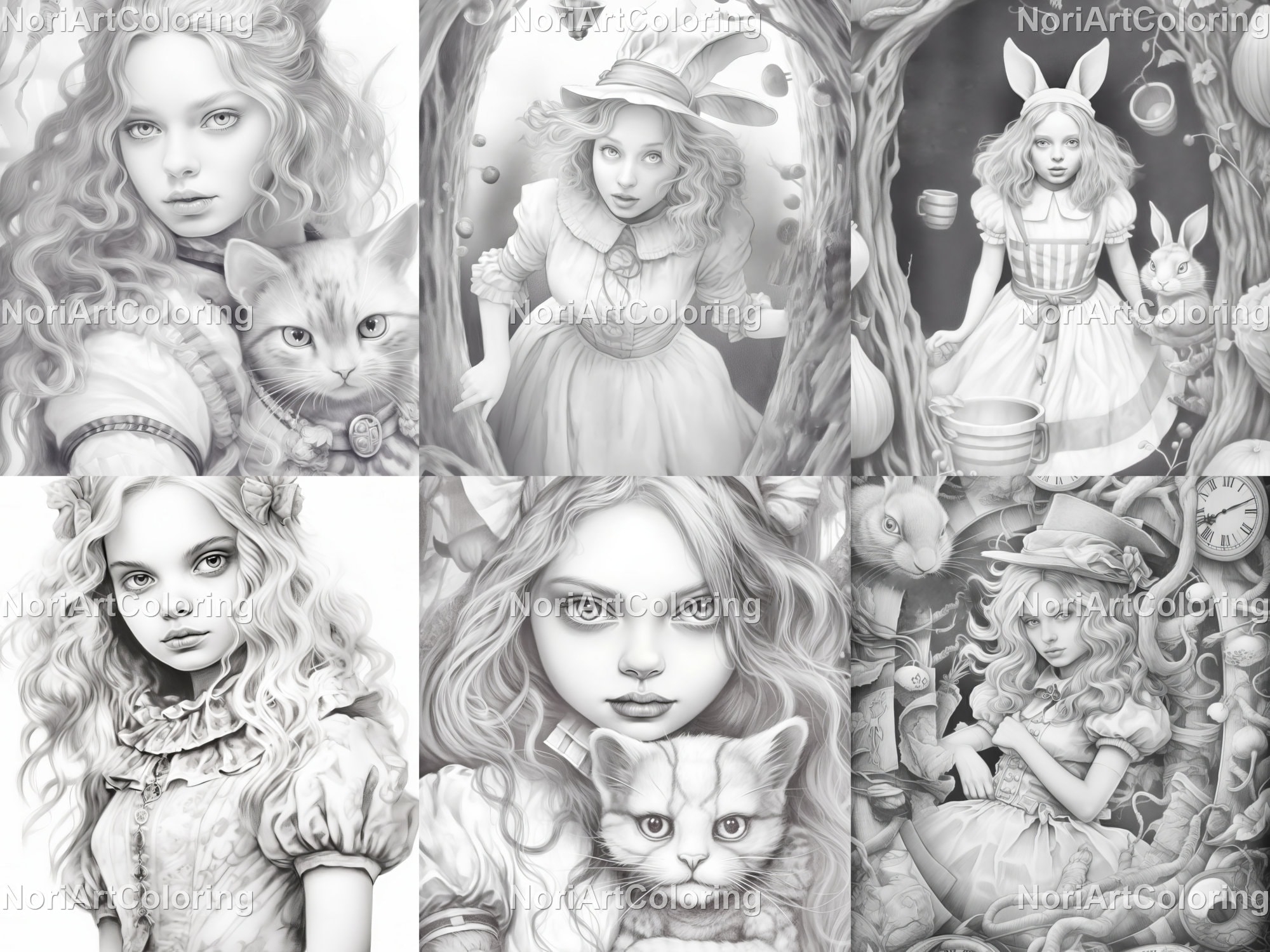 Curiously Creepy Wonderland Alice In Wonderland Coloring Book 50 Printable Adult Coloring Pages Download Grayscale Illustration Etsy