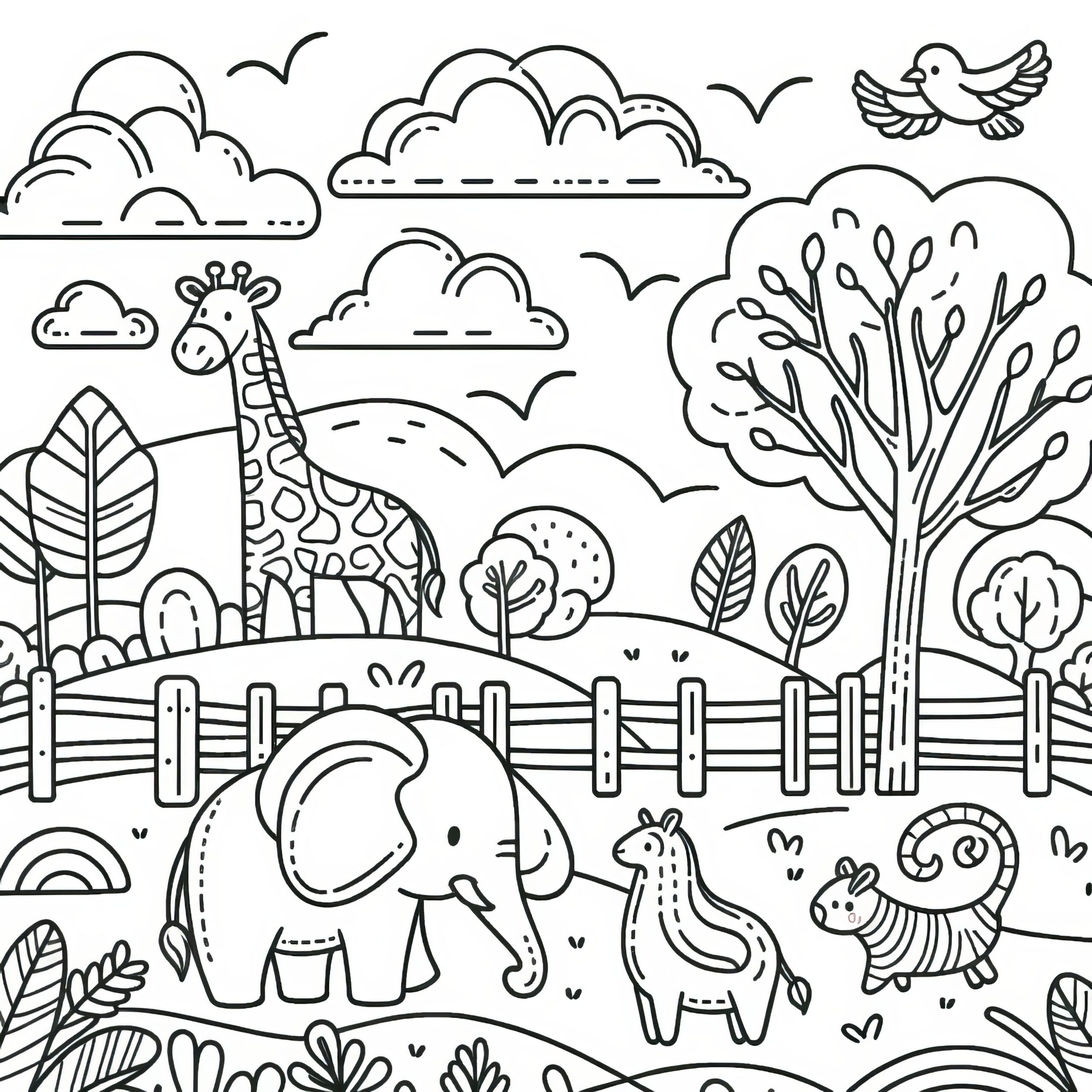 Cute Animals In The Zoo Elephant And Giraffe For Coloring free 