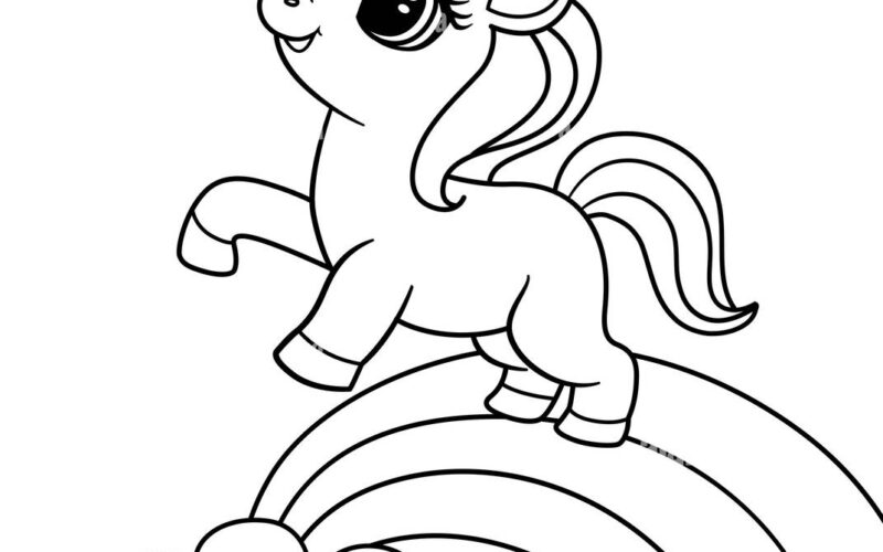 Cute Baby Unicorn Jumping On A Rainbow Outline Illustration For A Kids Coloring Book Unicorn Coloring Page Vector Illustration Stock Vector Image Art Alamy