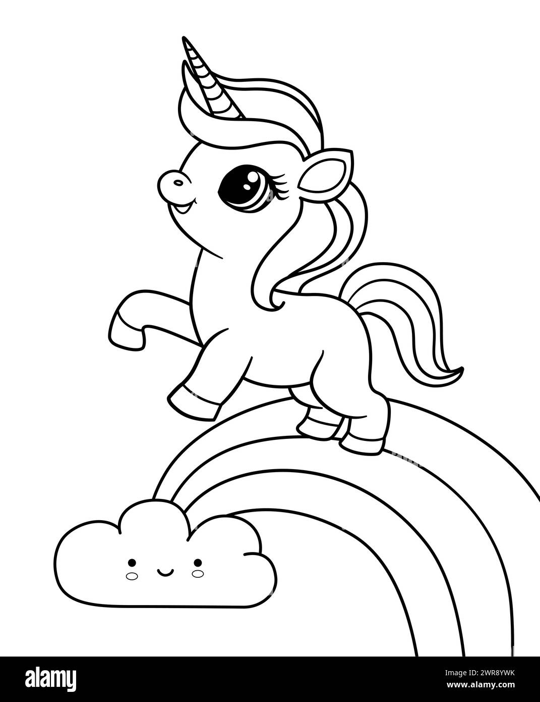 Cute Baby Unicorn Jumping On A Rainbow Outline Illustration For A Kids Coloring Book Unicorn Coloring Page Vector Illustration Stock Vector Image Art Alamy