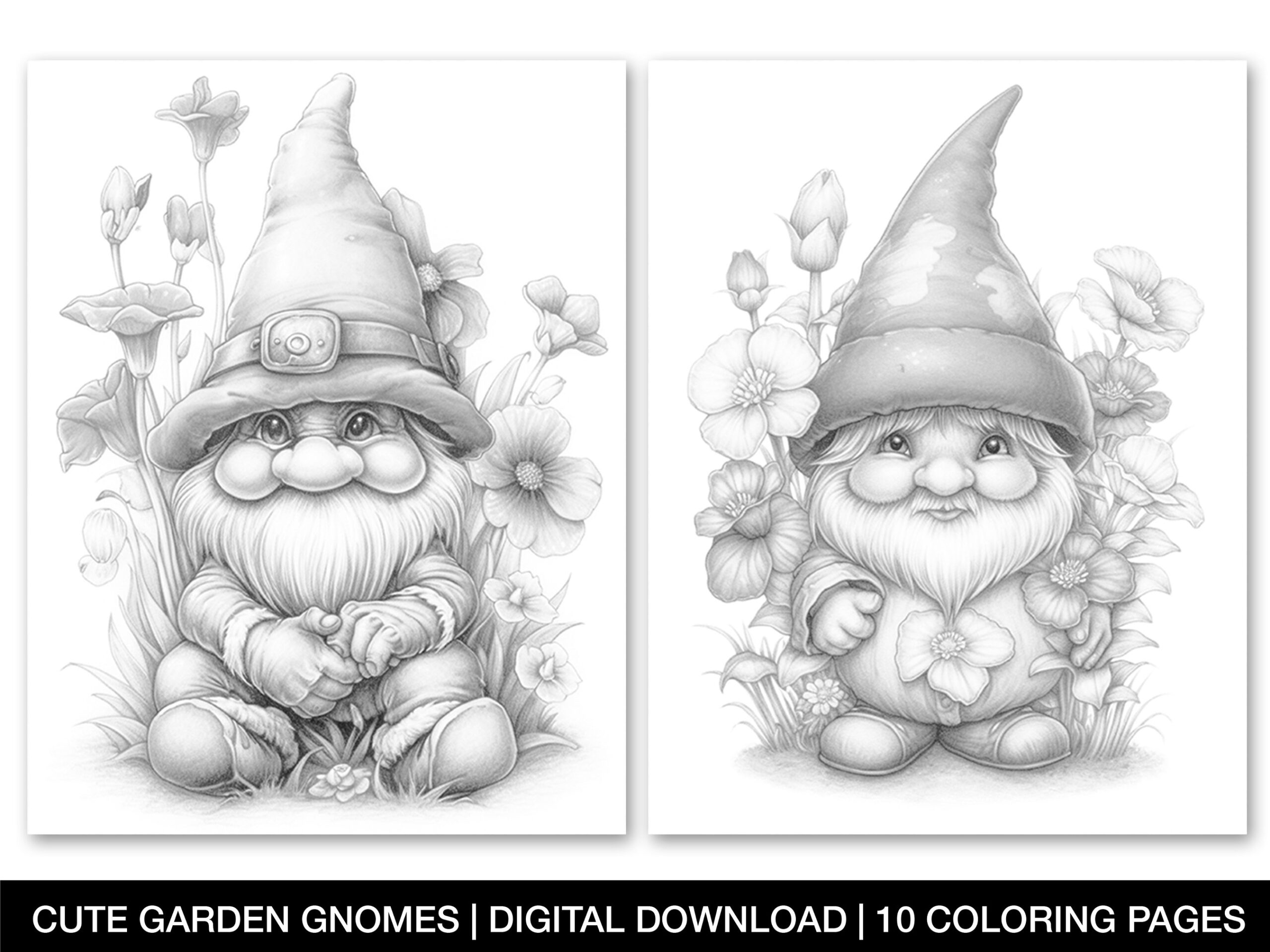 Cute Garden Gnomes Coloring Pages For Adults Printable Magical Gnomes 10 Grayscale Coloring Sheets Enchanted Gnomes Instant Download Etsy