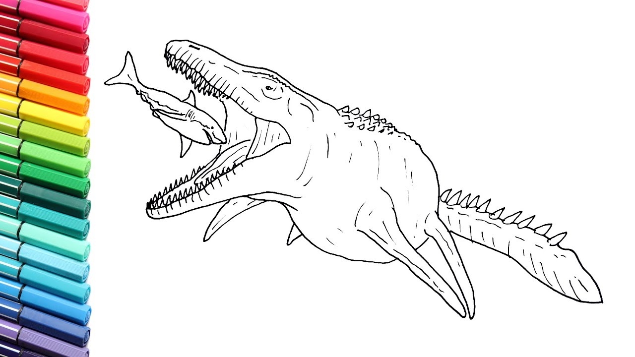 Drawing And Coloring Mosasaur VS GReat White Shak Sea Monster Color Pages From Jurassic World YouTube