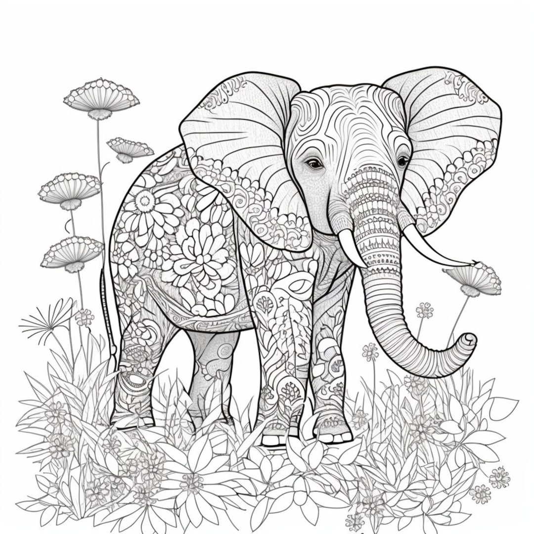 Elephant Coloring Book Page Instant Download Etsy