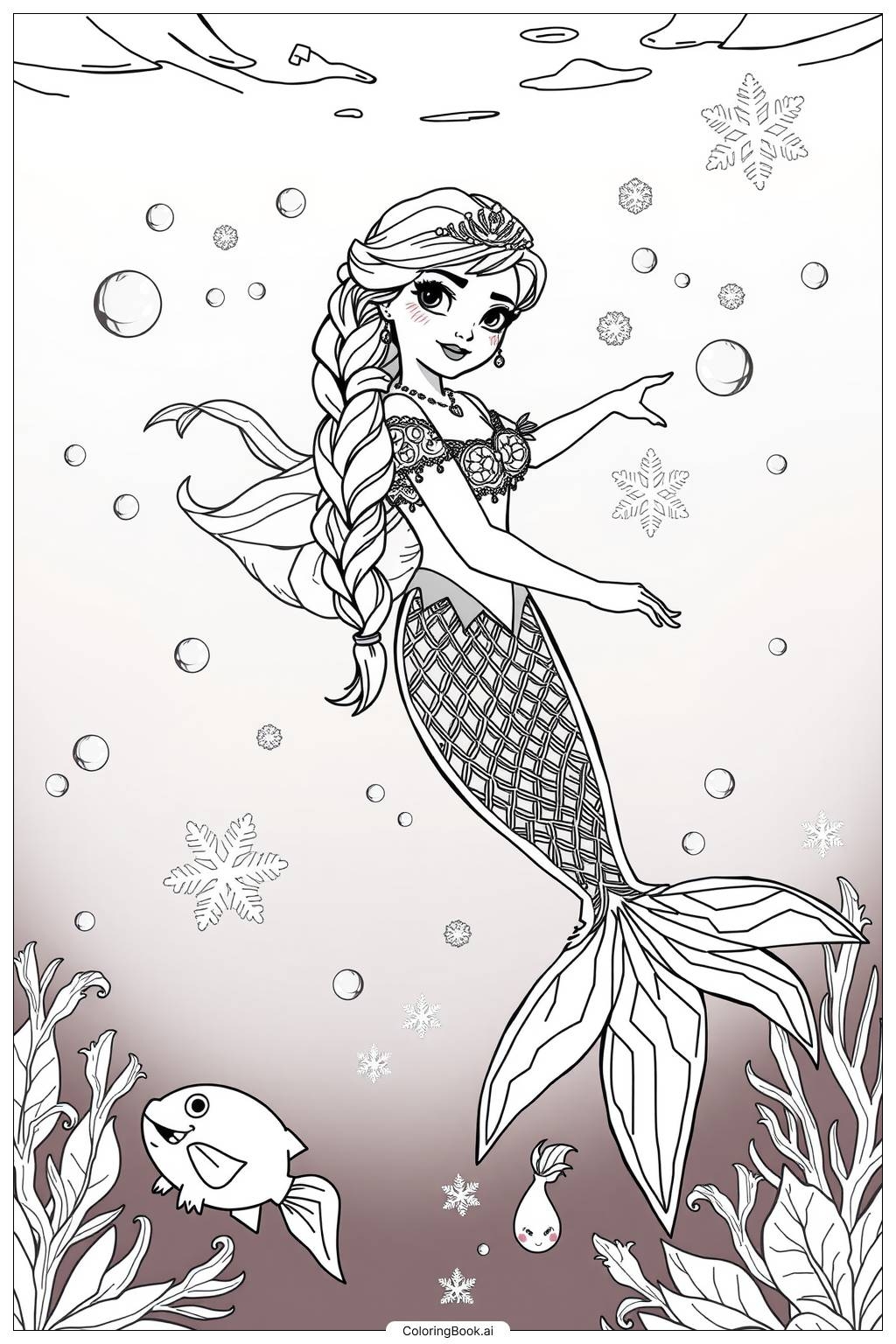 Elsa Mermaid Swim 2 Coloring Page Free PDF PNG Printable 