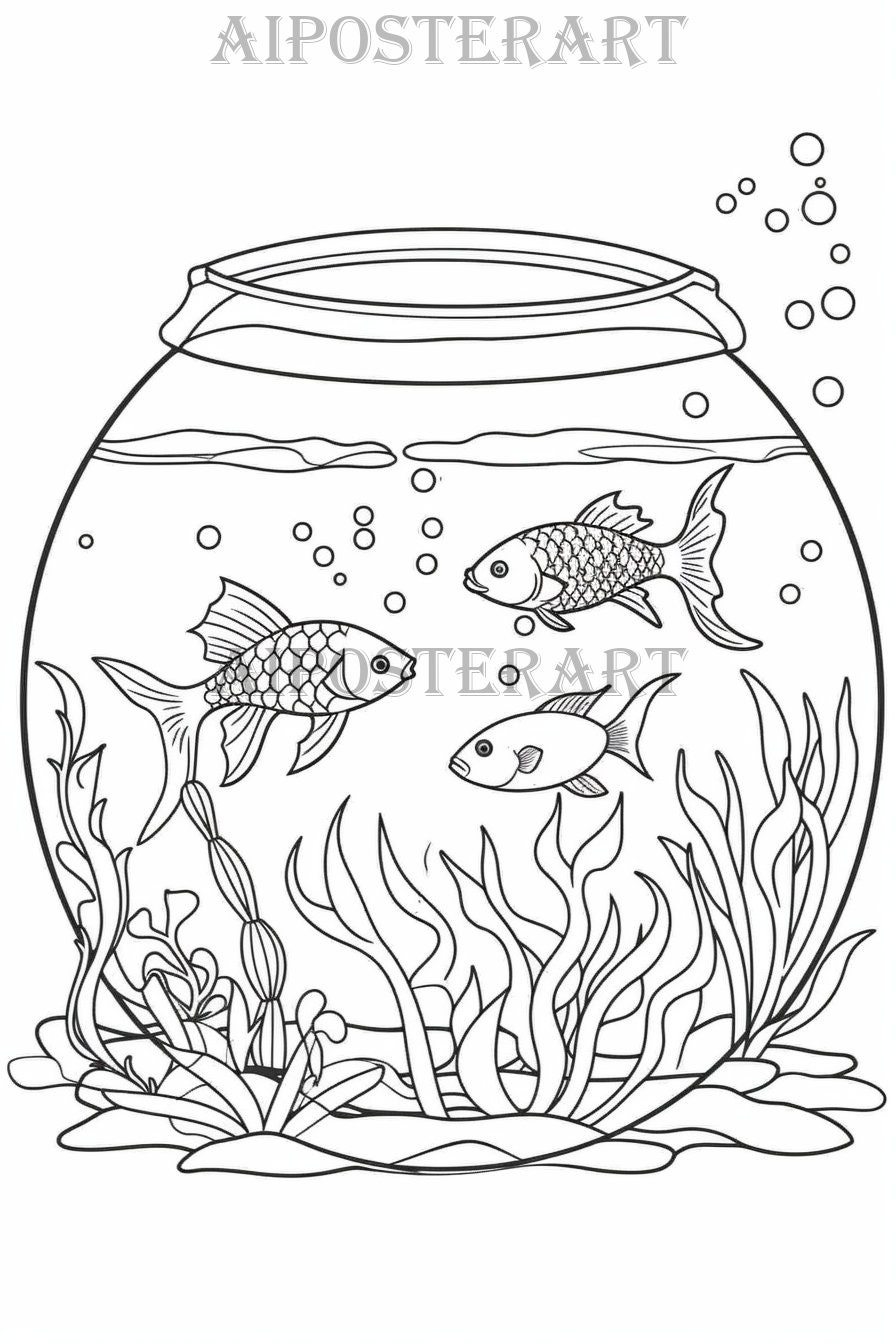 Fish Bowl Coloring Page For Adults And Kids Printable Coloring Sheet Aquarium Tropical Fish High Resolution 5376x8064 Pixels Etsy