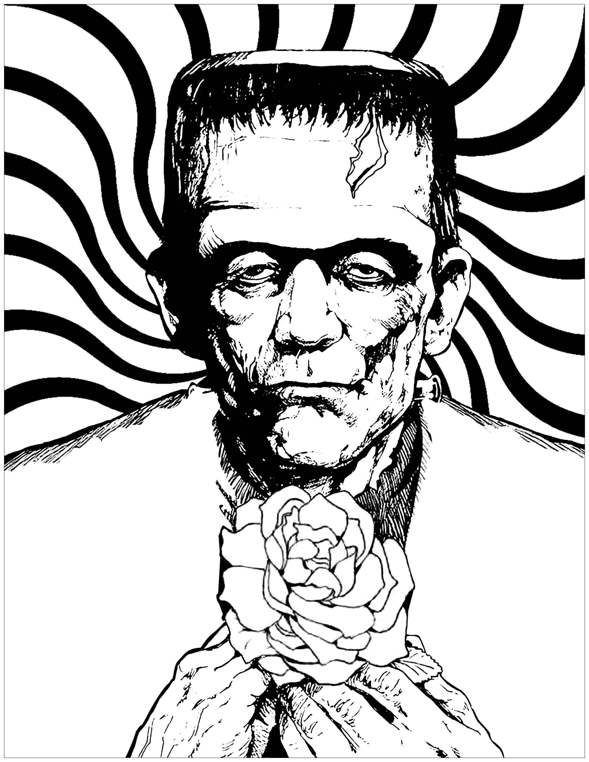 Frankenstein and rose Halloween Coloring Pages For Adults