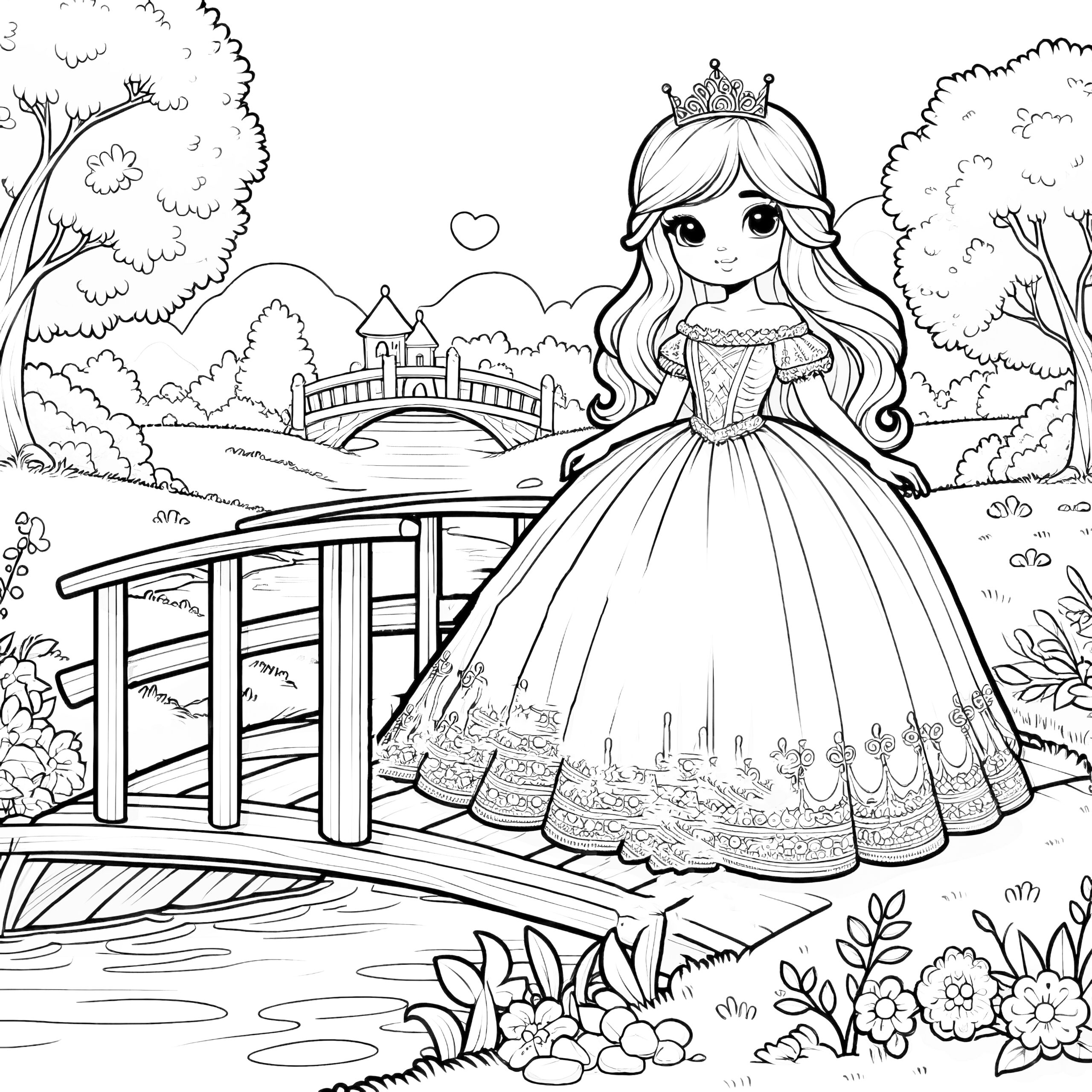 Free Coloring Picture Cute Princess On Bridge In Natural Landscape