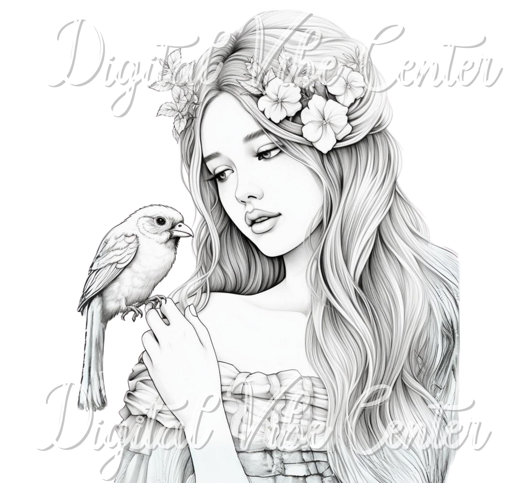 Grayscale Coloring Page For Adults Woman And Bird PDF Etsy