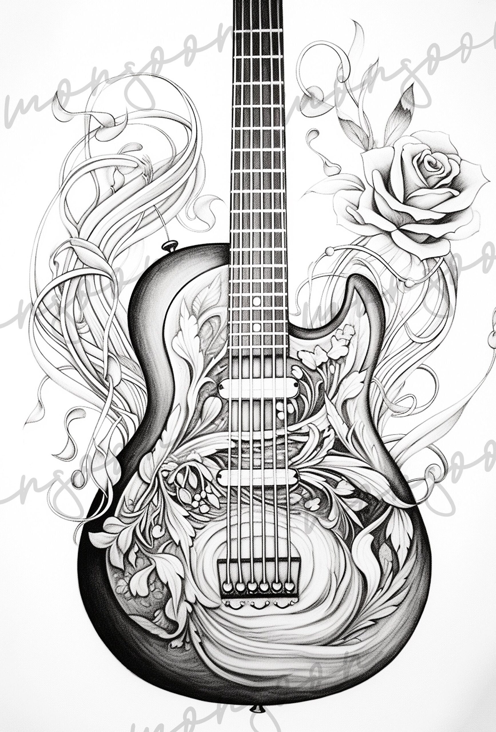 Guitar Grayscale Coloring Book Printable Guitar Coloring Book Digital Guitars With Ornaments Coloring Book Guitar Coloring Book Digital Download Etsy