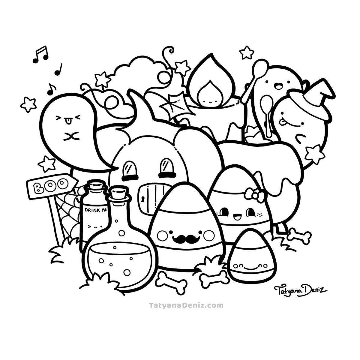 Halloween Coloring Page Kawaii Doodle Style FREE Printable PDF