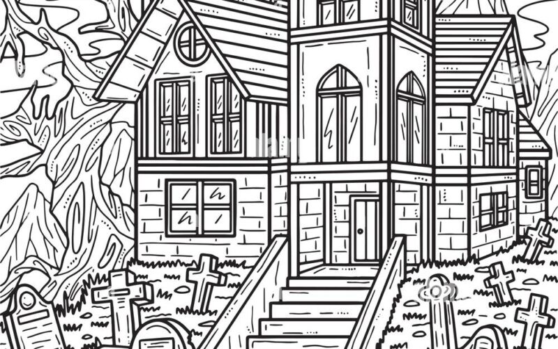 Halloween Haunted House Coloring Page For Adults Stock Vector Image Art Alamy