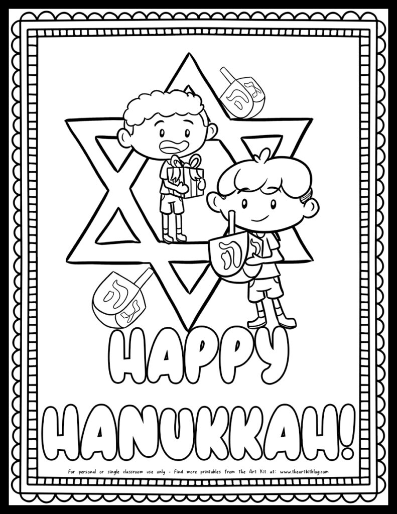 Happy Hanukkah Boys With Dreidels And Star Of David Coloring Page Free Printable The Art Kit