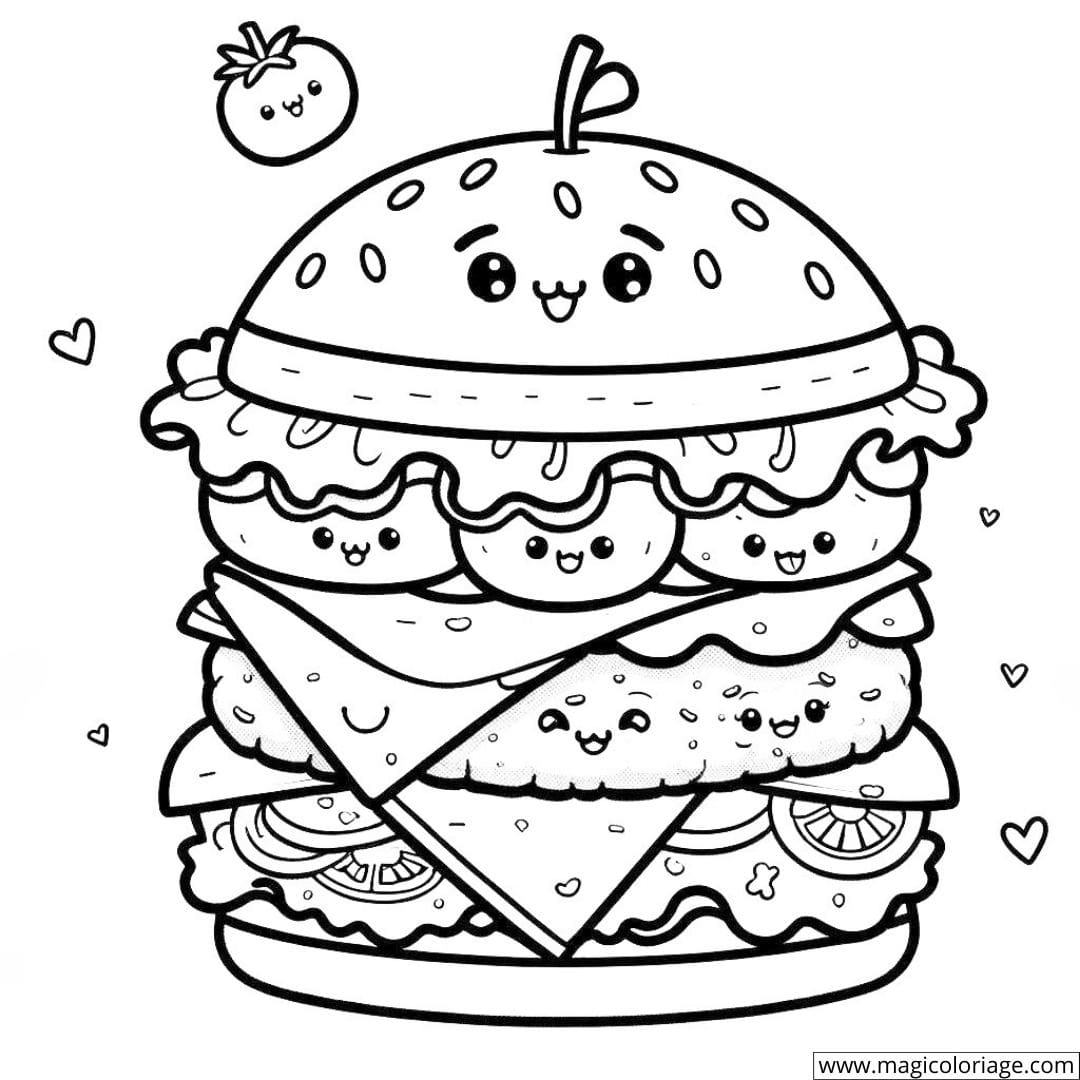 Happy Kawaii Hamburger Coloring Page
