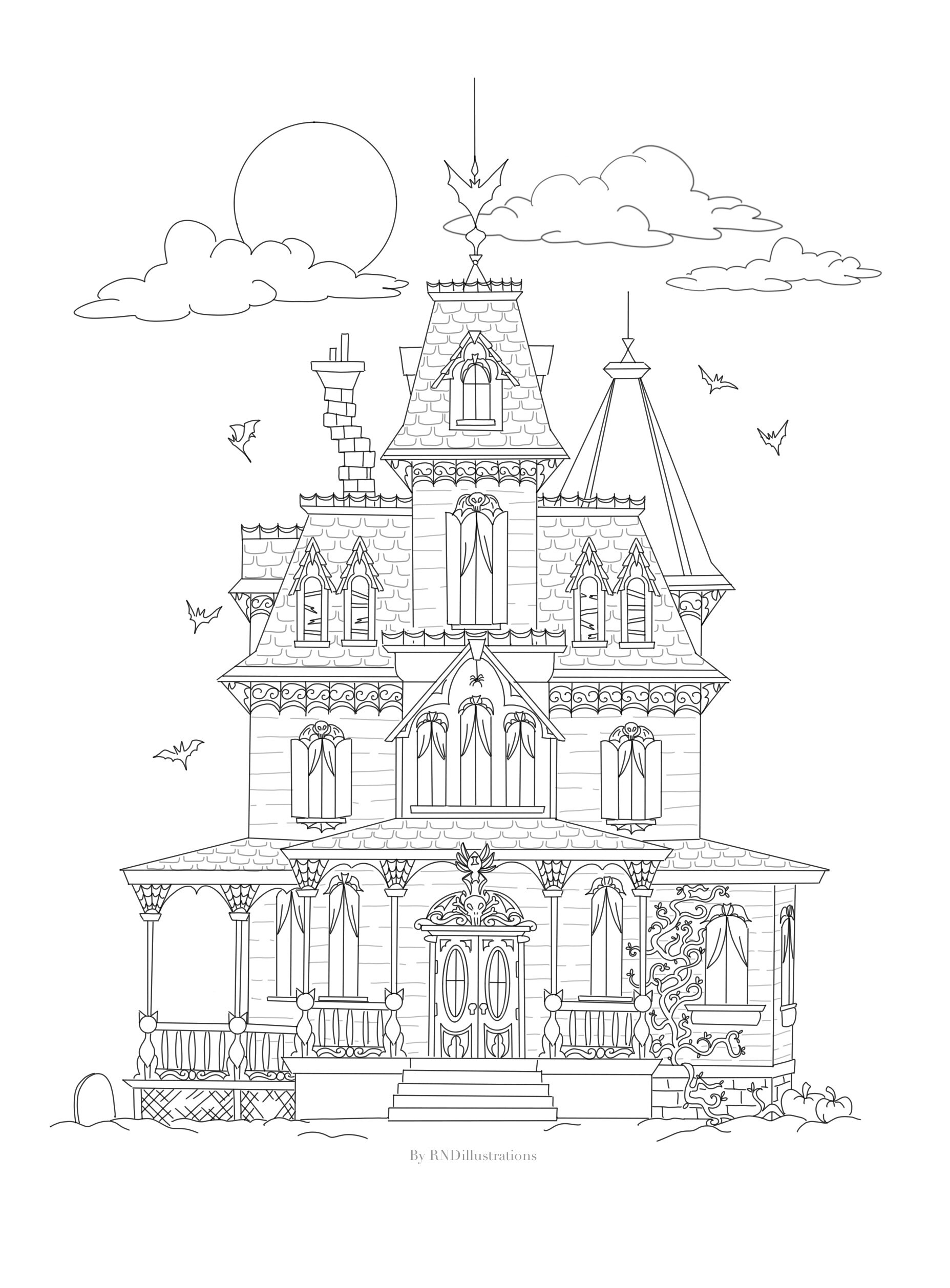 Haunted House Coloring Page RNDillustrations