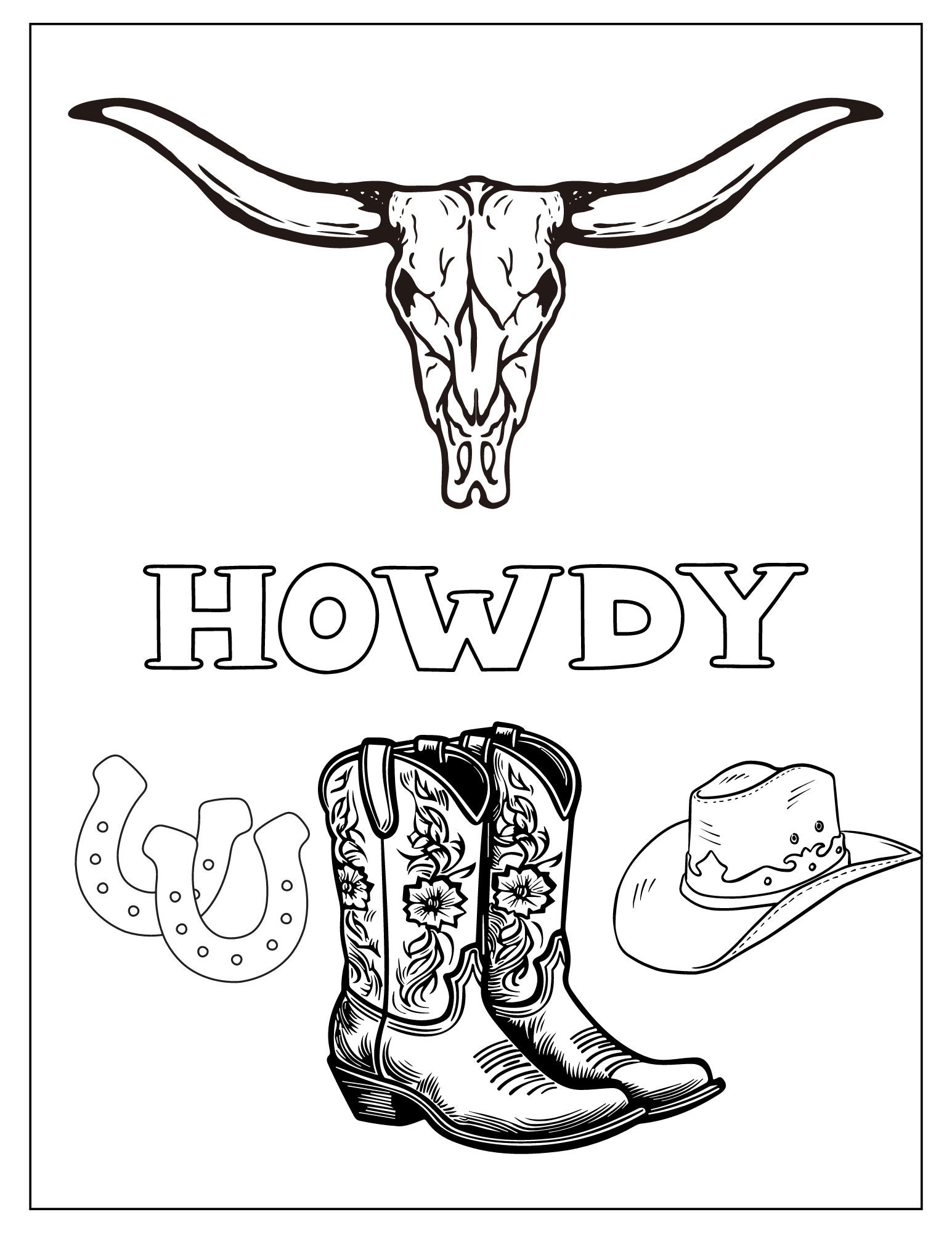 Howdy Coloring Page Western Coloring Page Kids Coloring Page Adult Coloring Page Printable Coloring Page Coloring Page Summer Activity Etsy