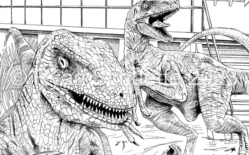 Jurassic Park Velociraptor Jurassic World Coloring Printable Adult Coloring Page Instant Download Grayscale Illustration Etsy