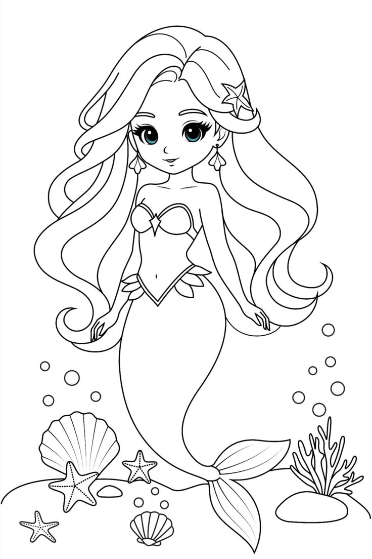 Kawaii Mermaid Princess Coloring Page For Kids