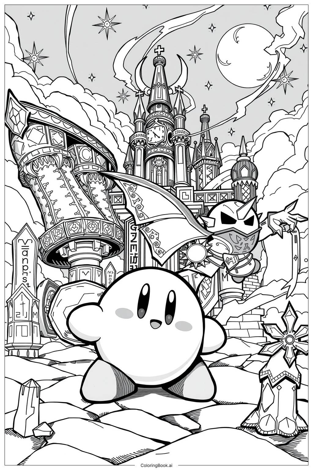 Kirby Teaming Up With Meta Knight Coloring Page Free PDF PNG Printable 