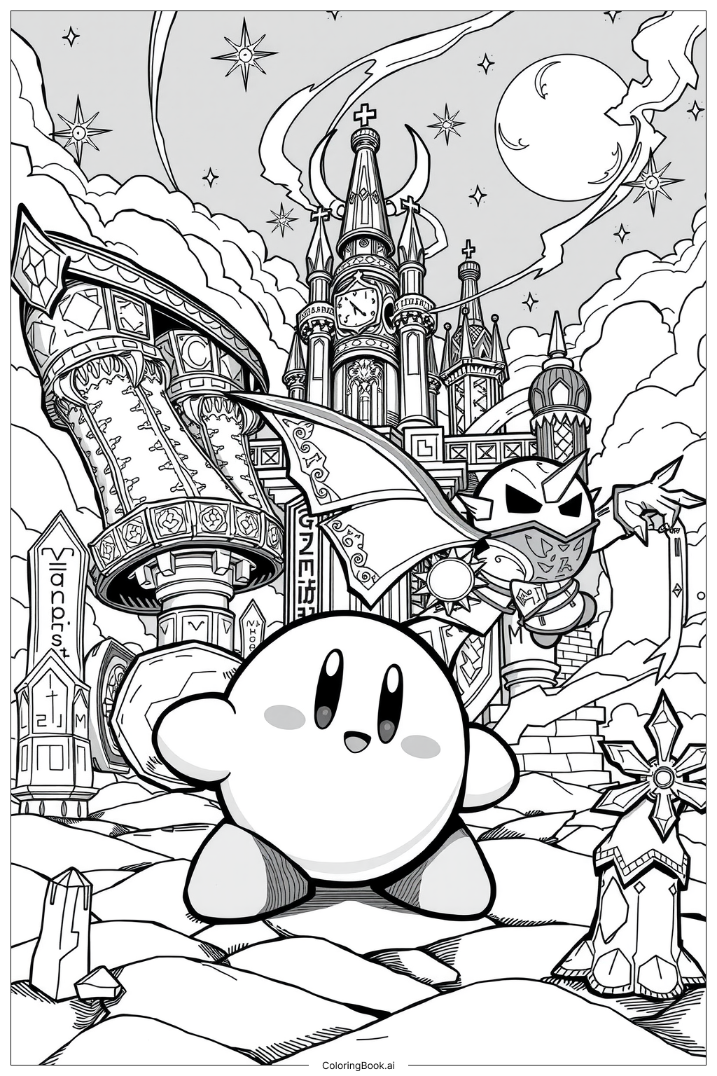 Kirby Teaming Up With Meta Knight Coloring Page Free PDF PNG Printable 