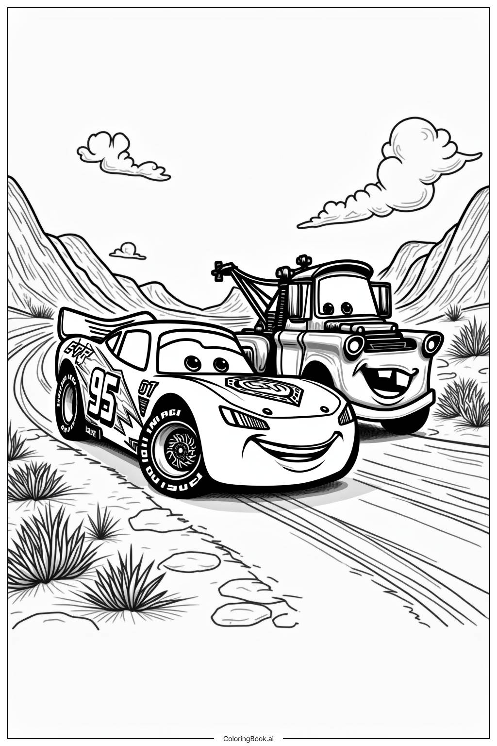 Lightning McQueen Towing Mater Out Of Trouble Coloring Page Free PDF PNG Printable 