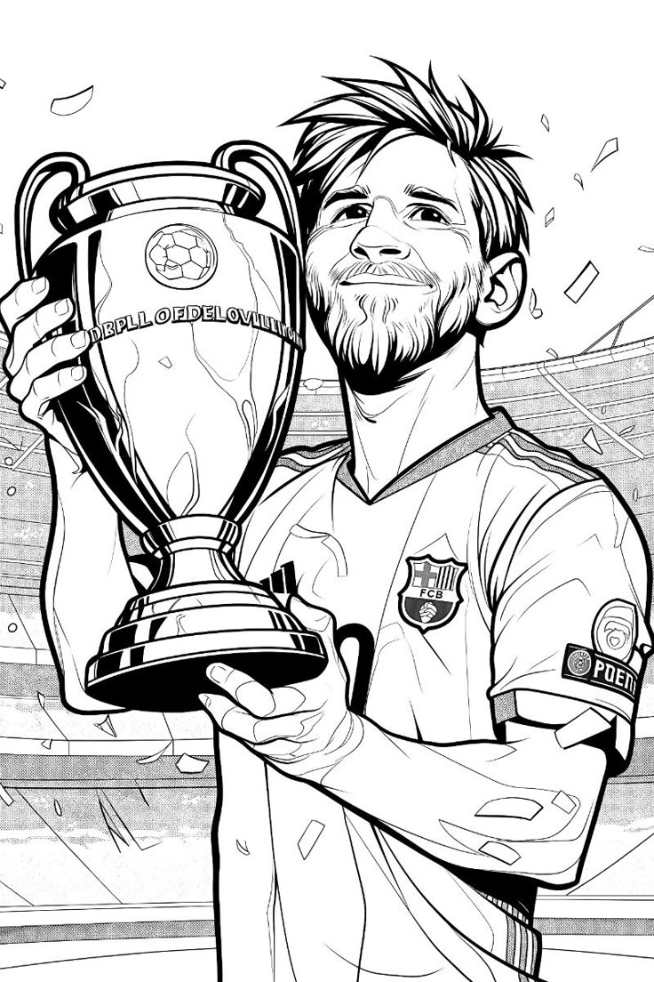 Lionel Messi Barcelona With Champions League Trophy Coloring Page