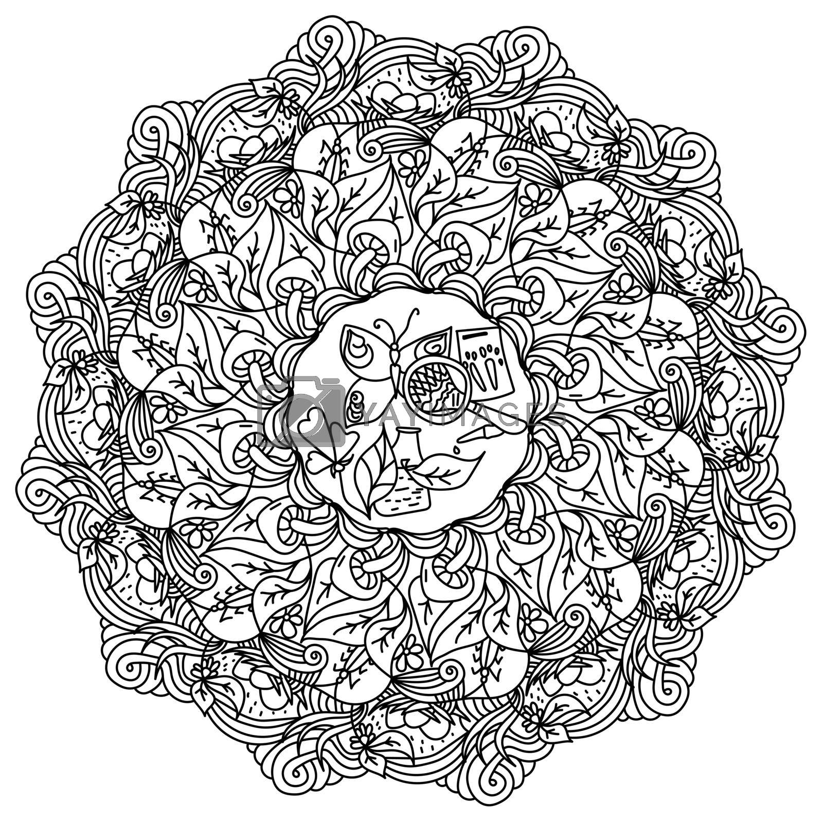 Mandala On The Theme Of The Science Of Biology Contour Coloring Page In The Form Of A Round Frame And Various Natural Symbols With Patterns By Sunny Coloring Vectors Illustrations With Unlimited