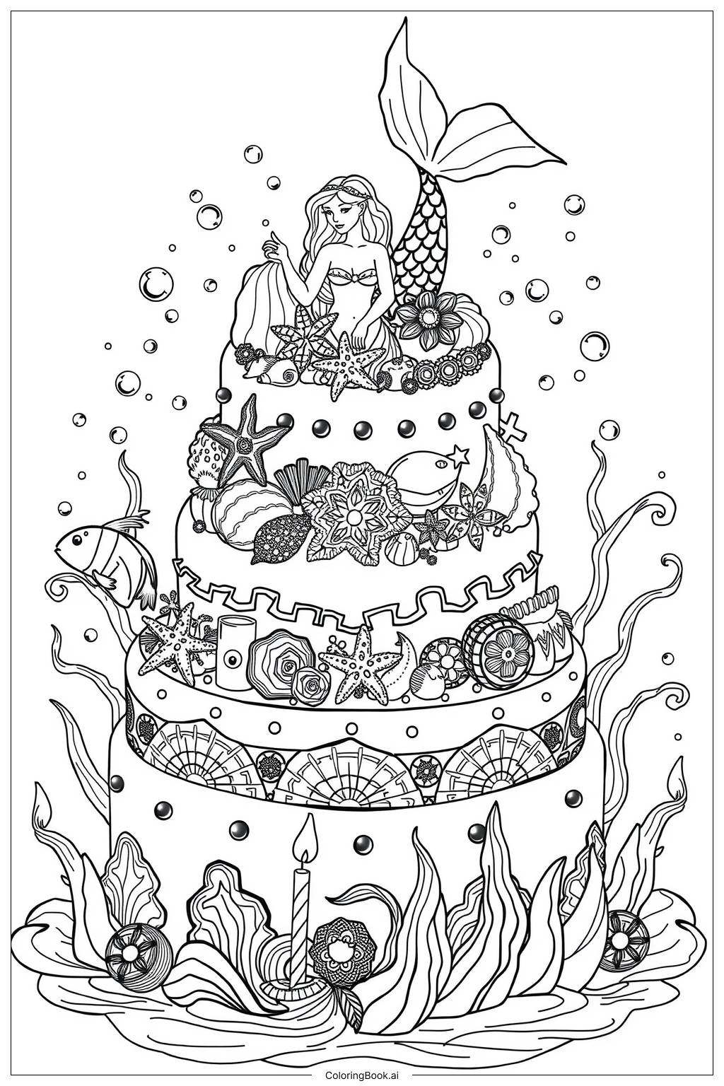 Mermaid Birthday Cake Coloring Page Free PDF PNG Printable 