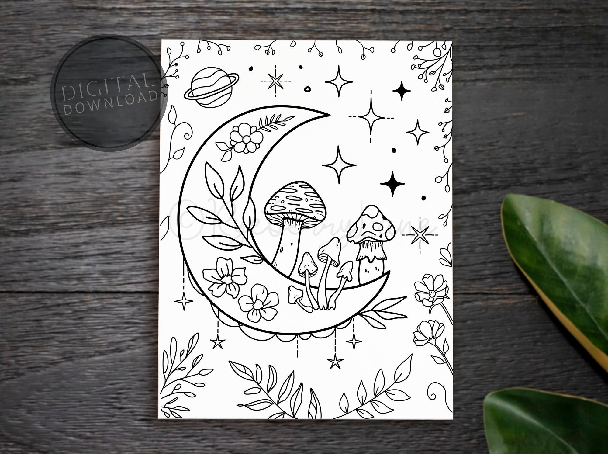 Moon Coloring Page PRINTABLE Magic Mushrooms Coloring Page Digital Coloring Stars Flowers Celestial Coloring Nature Coloring Adult Coloring Etsy