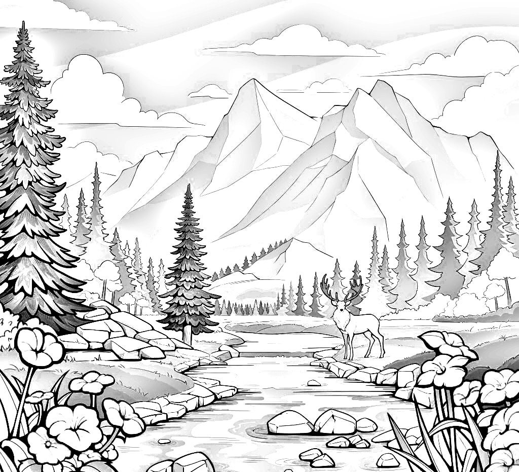 Nature Coloring Page River Mountains Trees PDF Printable Etsy