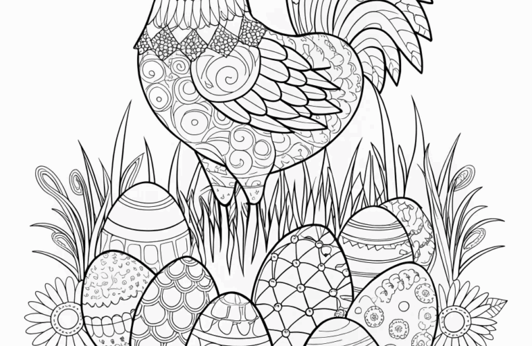 Ornate Rooster And Decorative Eggs Coloring Page Free Printable