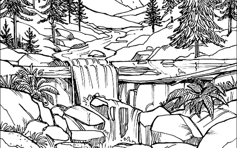 Pretty Waterfall In The Forest Landscape Coloring Pages