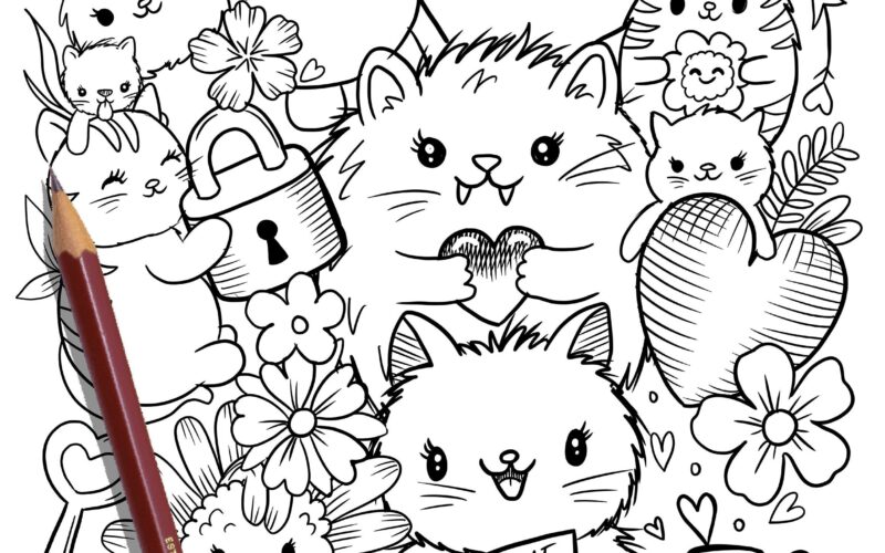 PRINTABLE Cute Kitty Cats Coloring Page Hand drawn Coloring Sheet Cat Doodles Coloring Page Kids Coloring Page Adult Coloring Etsy