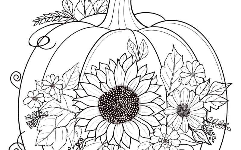 Printable Pumpkin Coloring Sheets With Flowers Coloring Pages Adult Coloring Pages Kids Coloring Pages Coloring Autumn Leaves Etsy
