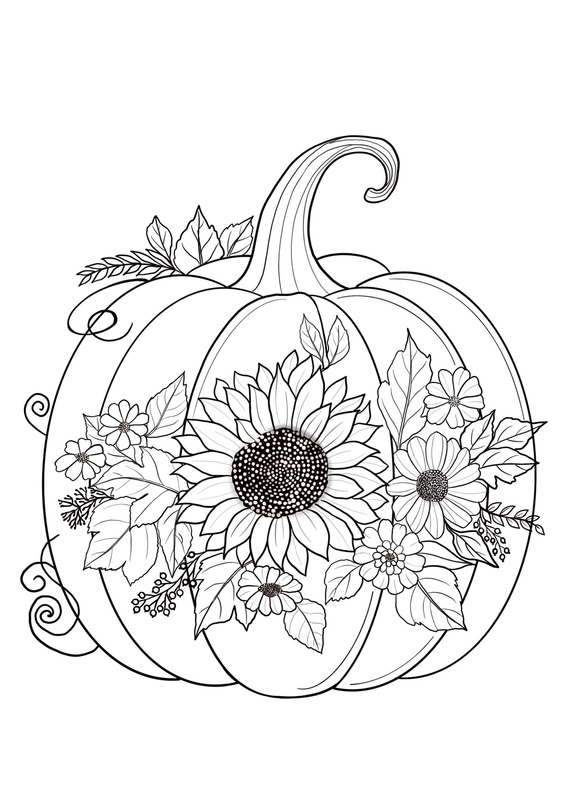 Printable Pumpkin Coloring Sheets With Flowers Coloring Pages Adult Coloring Pages Kids Coloring Pages Coloring Autumn Leaves Etsy