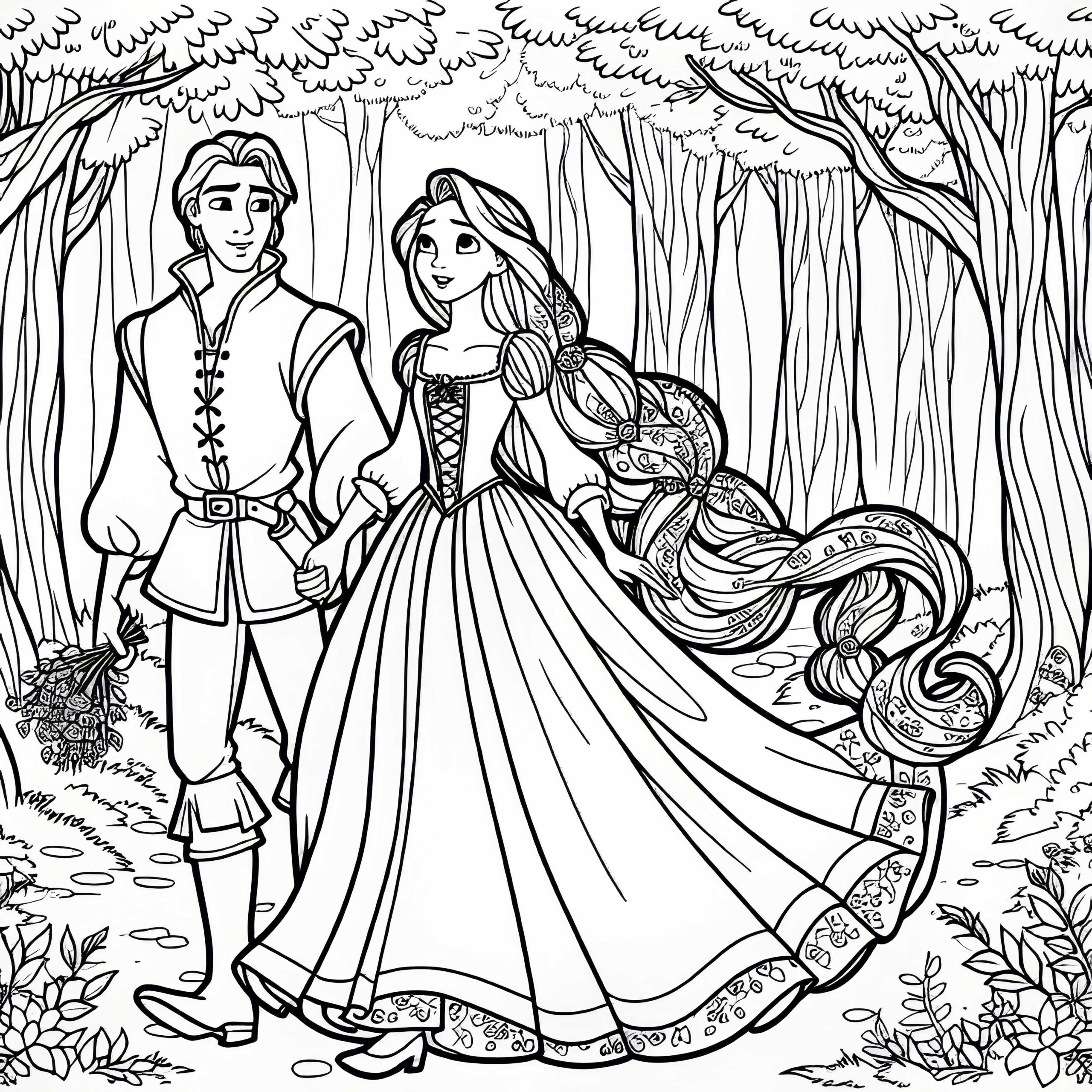 Rapunzel And Prince Escape From The Forest Free Coloring Page Rapunzel And Prince Escape From The Forest Free Coloring Page
